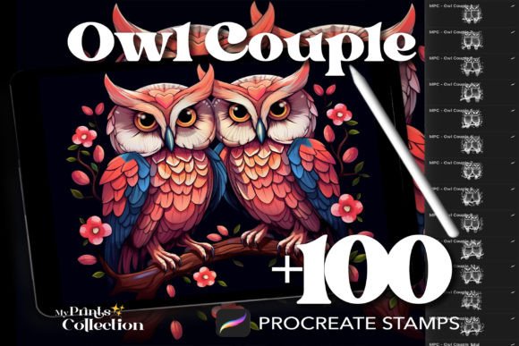 100 Procreate Owl Couple Stamps