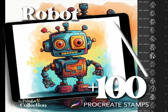 100 Procreate Robot Stamps for Digital Art